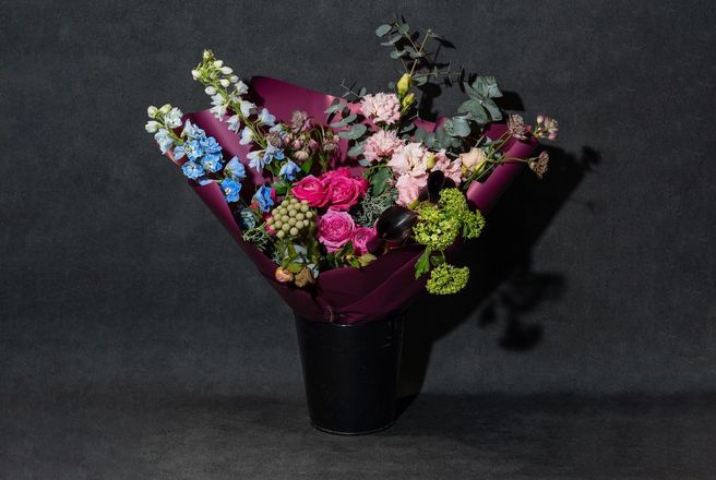 Дельфиниум, виборонум, куст роза Мистик бабалс, эвкалипт, эустома, бруния, каллы, разнотравие.jpg